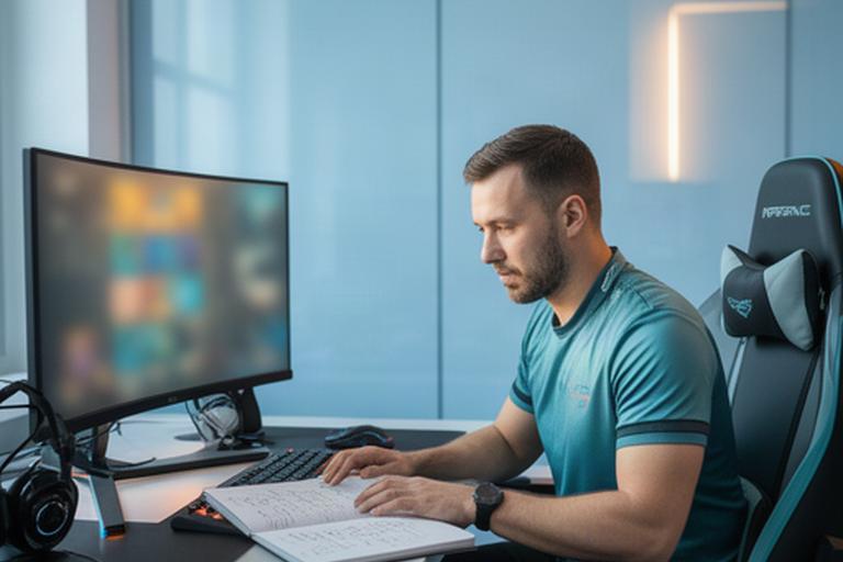 Esports coach reviewing match notes beside a gaming monitor in a focused home studio