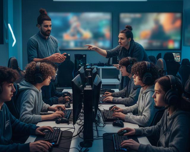 Students practising together at a college esports club with coaches reviewing a competitive match