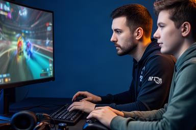 Daryoush Mihell reviewing Rocket League replay notes beside a gaming display