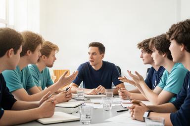 Ginika Rachid discussing team strategy with players around a table in a bright coaching room