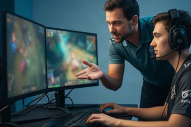 Giten Gwekwerere coaching a player beside a dual-monitor competitive gaming setup