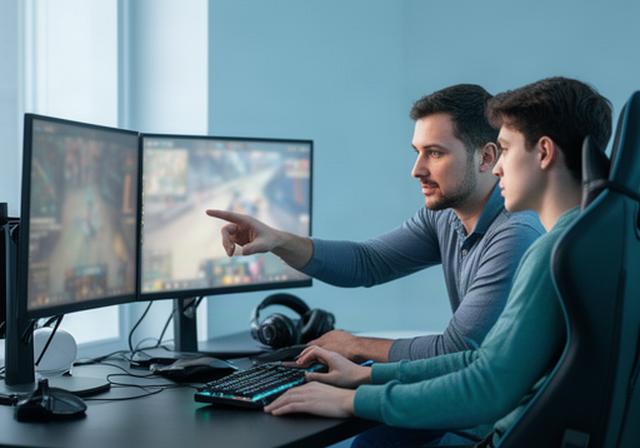 Esports coach reviewing match statistics with a player at a dual-monitor gaming desk