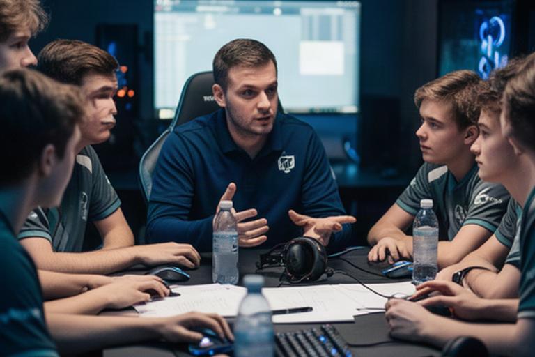 Esports coach reviewing match notes with a team of players around a desk after a practice block
