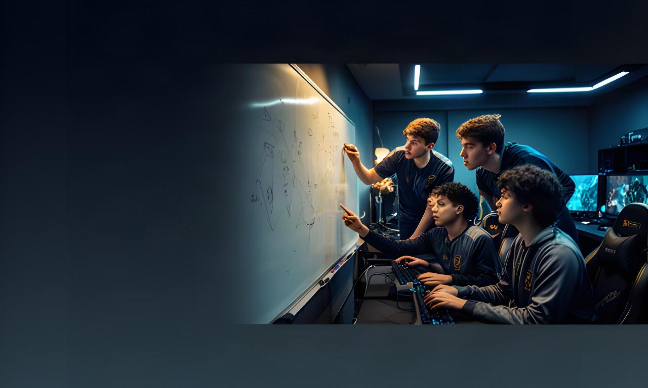 Amateur esports team reviewing a tactical whiteboard together in a focused bootcamp room