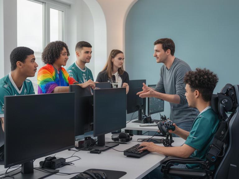 Diverse esports players receiving supportive coaching around a gaming setup in a calm, accessible training room