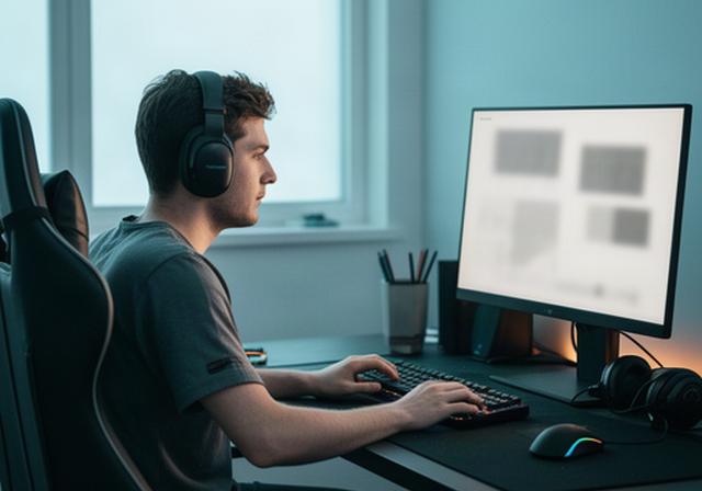 Focused esports player reviewing match statistics beside a gaming monitor in a quiet room