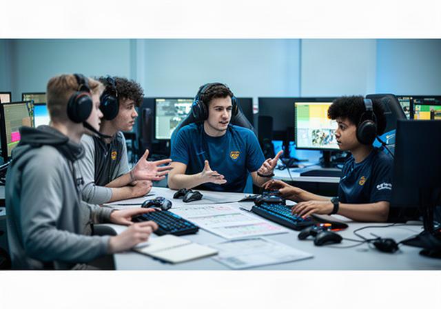 Small esports team discussing a tactical round around desks with headsets and match notes