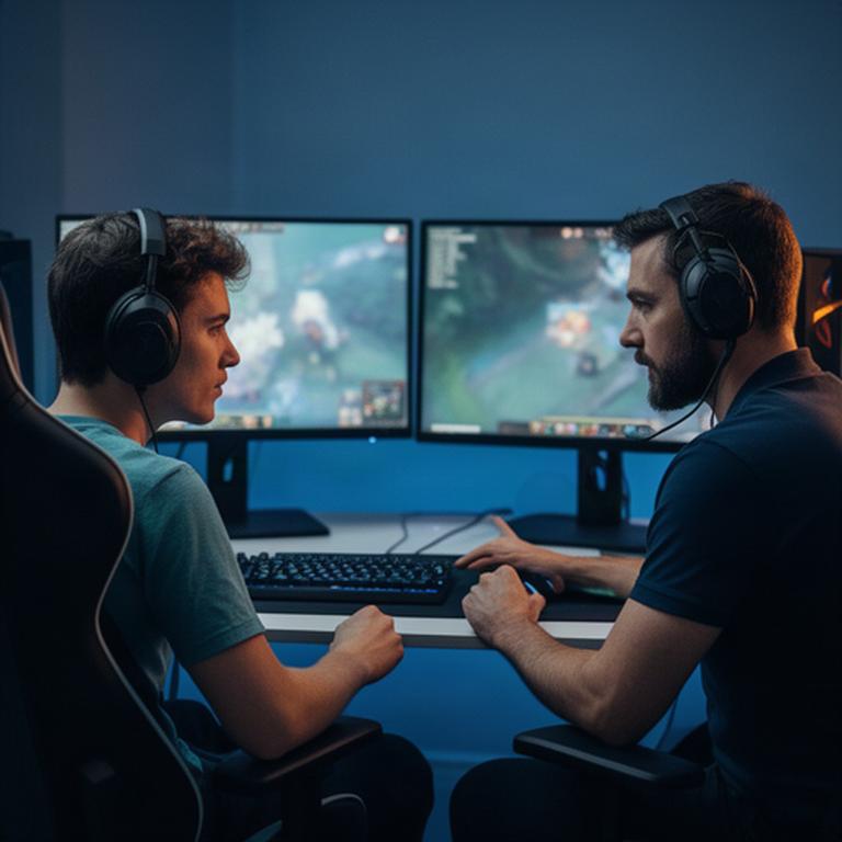 Competitive gamer reviewing match footage with a coach at a dual-monitor desk