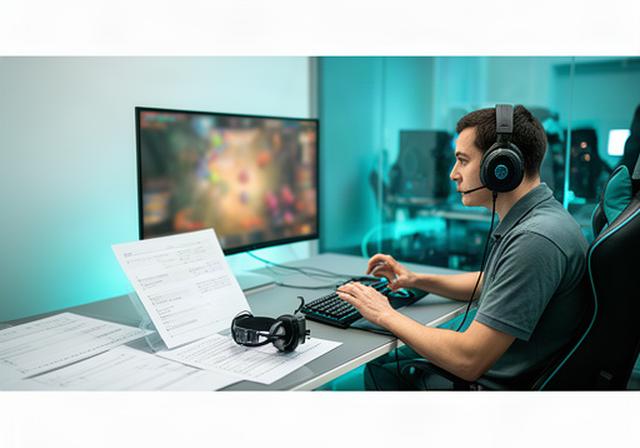Esports coach reviewing a competitive gaming replay beside detailed match notes in a focused coaching room