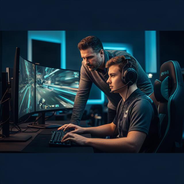 Player reviewing competitive game footage beside a coach in a focused gaming studio