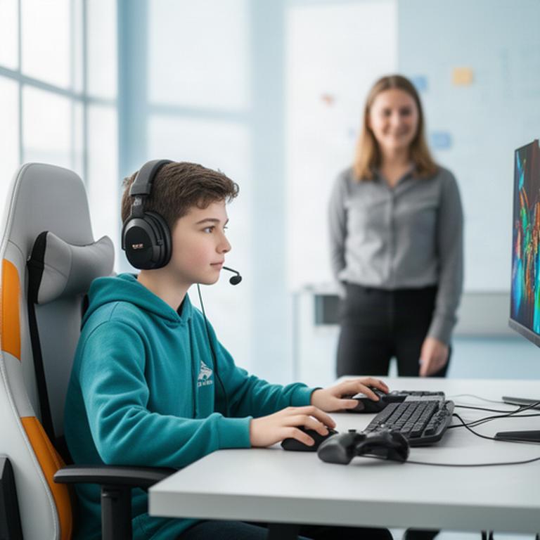 Teen esports player practising at a supervised gaming desk in a bright Medway coaching room